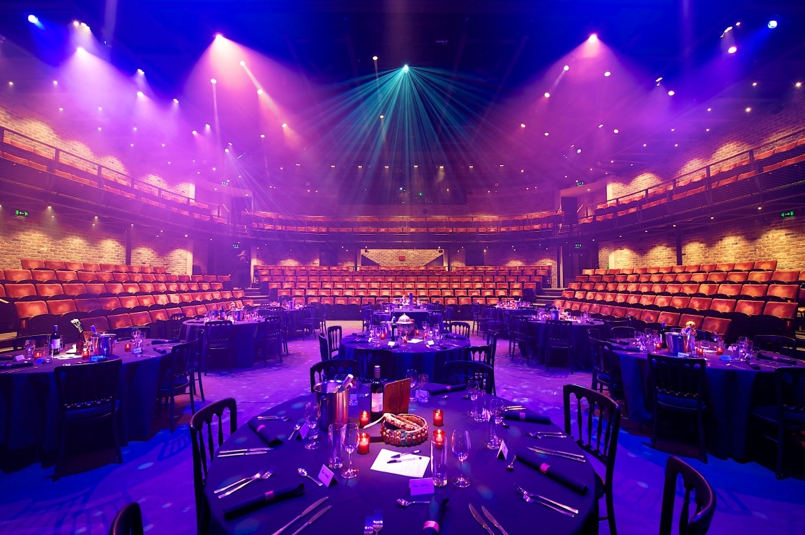 The Everyman auditorium set up for dining on stage.