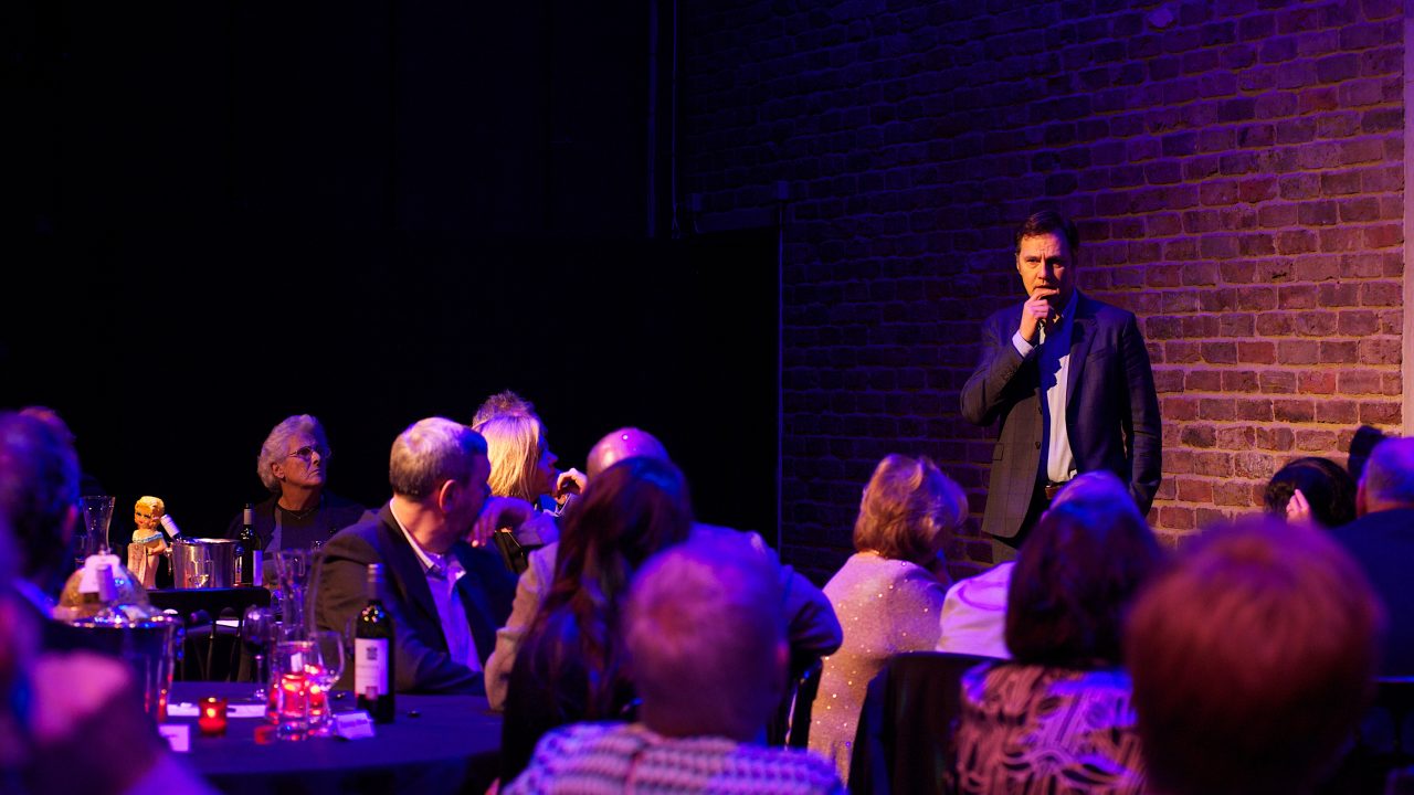 David Morrissey speaking at an event in the theatre.