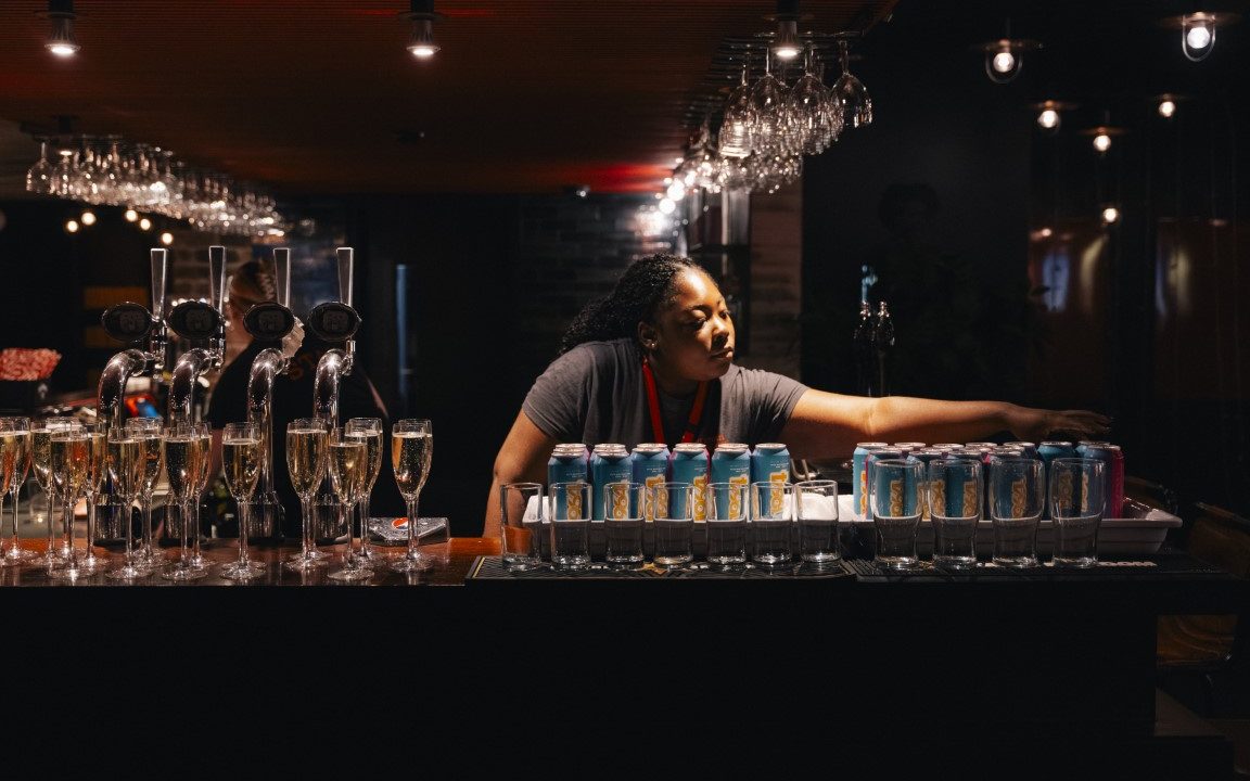 Bar staff preparing for a party Downstairs at the Everyman. Photograph by Kieran Irvine.