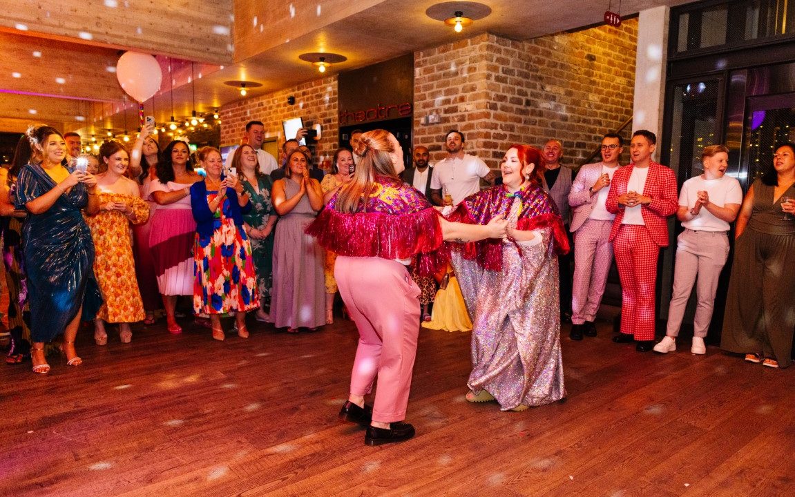 A wedding party in the Theatre Bar.