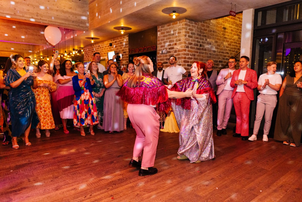 A wedding party in the Theatre Bar.