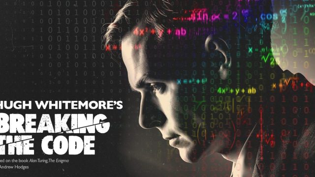 A black and white picture of a man who is playing Alan Turing, he is looking down, and there is code over the top of the image. to the left of the image white text says Hugh Whitemore's Breaking the Code, based on the book Alan Turing, The Enigma by Andrew Hodges.