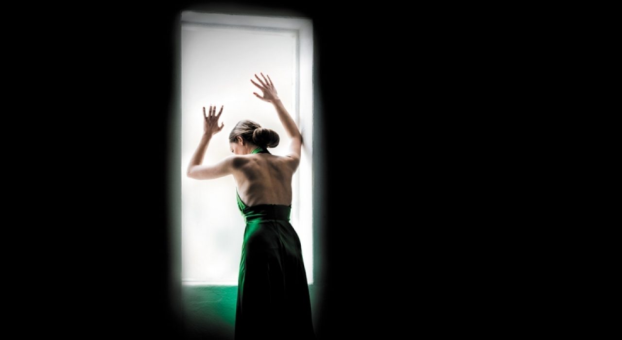 The back of a woman in a green dress pressed against a window