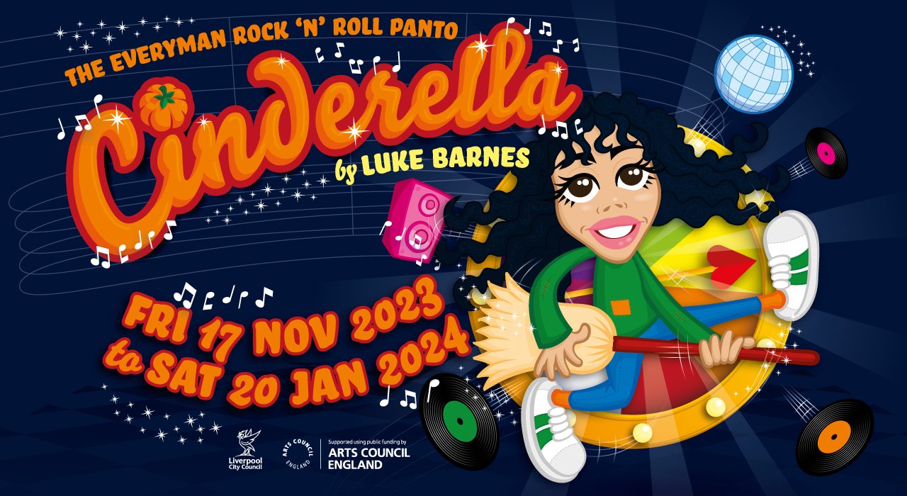 An illustration of Cinderella with long brown curly hair and brown eyes. She is wearing a green longsleeve top, blue trousers and white trainers. She is holding broom stick which she is using to play the guitar. The back ground is a dark blue with lines and a disco ball.