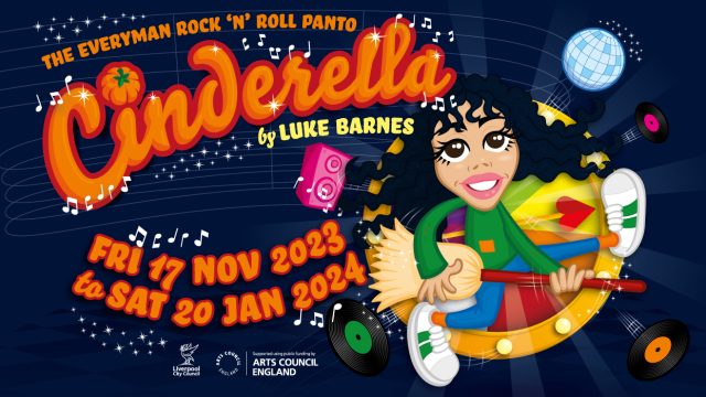 An illustration of Cinderella with long brown curly hair and brown eyes. She is wearing a green longsleeve top, blue trousers and white trainers. She is holding broom stick which she is using to play the guitar. The back ground is a dark blue with lines and a disco ball.