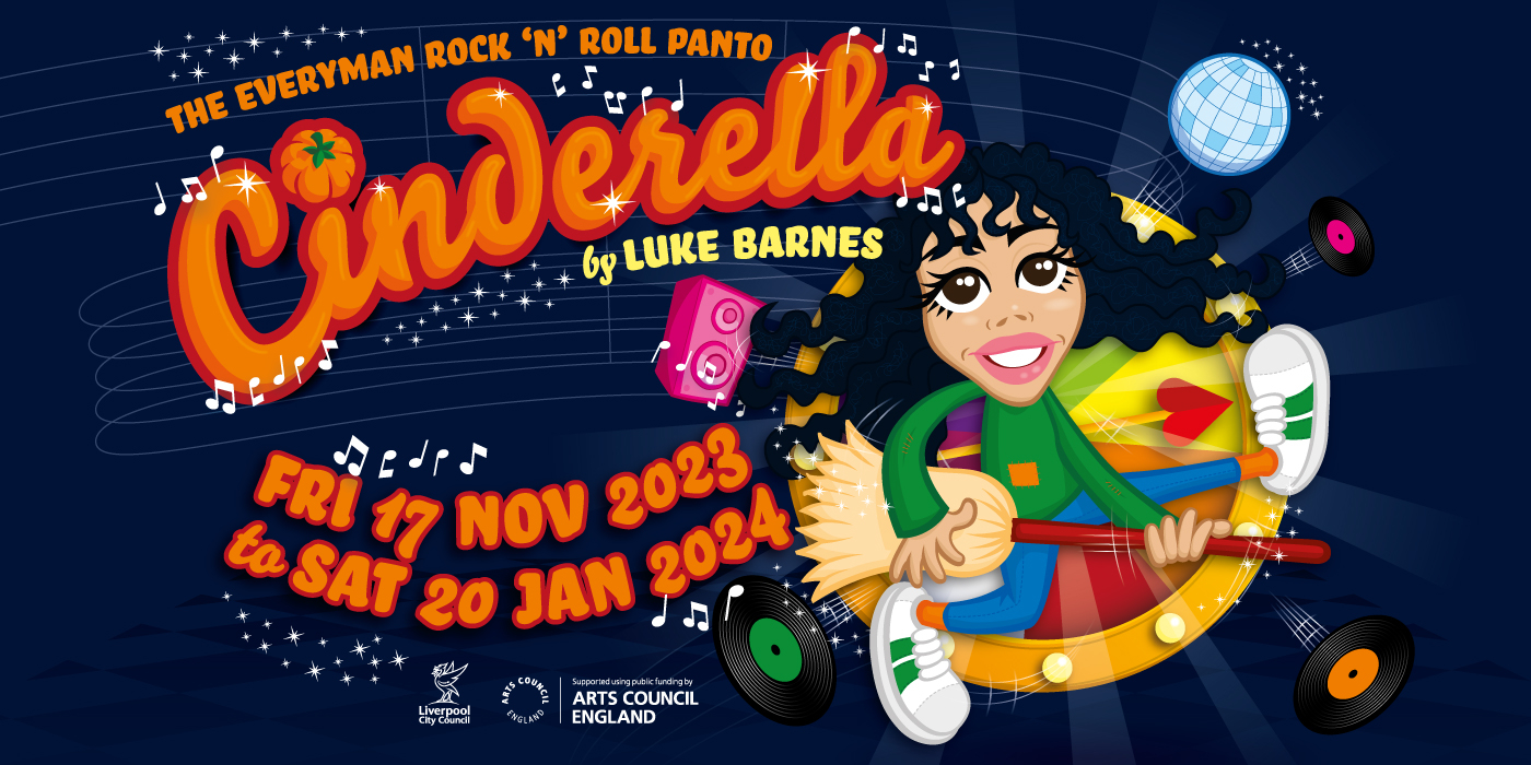 An illustration of Cinderella with long brown curly hair and brown eyes. She is wearing a green longsleeve top, blue trousers and white trainers. She is holding broom stick which she is using to play the guitar. The back ground is a dark blue with lines and a disco ball.