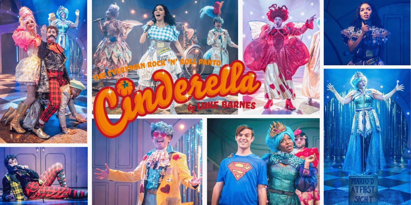 A Collage of multiple pictures from the production of the cast