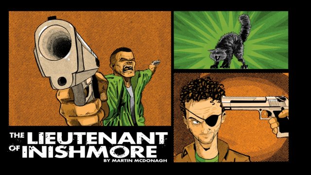 An illustration of two men and a cat. One man has a skin fade and is wearing a green shirt with a white top underneath. He is holding two guns in his hands. The cat is black and has an arched back. The other man had brown curly hair and an eye patch. He is wearing a brown shirt with a green top underneath it. He also had a hand gun pointing to the side of his head.