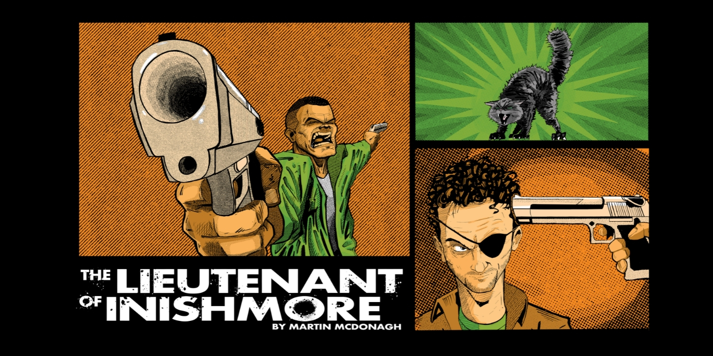 An illustration of two men and a cat. One man has a skin fade and is wearing a green shirt with a white top underneath. He is holding two guns in his hands. The cat is black and has an arched back. The other man had brown curly hair and an eye patch. He is wearing a brown shirt with a green top underneath it. He also had a hand gun pointing to the side of his head.