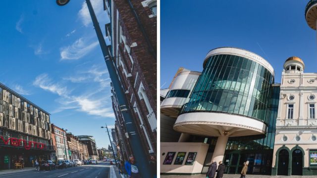 on the left, the Everyman theatre on a sunny day. On the right, the Playhouse theatre on a sunny day. Both photographs have blue sky.