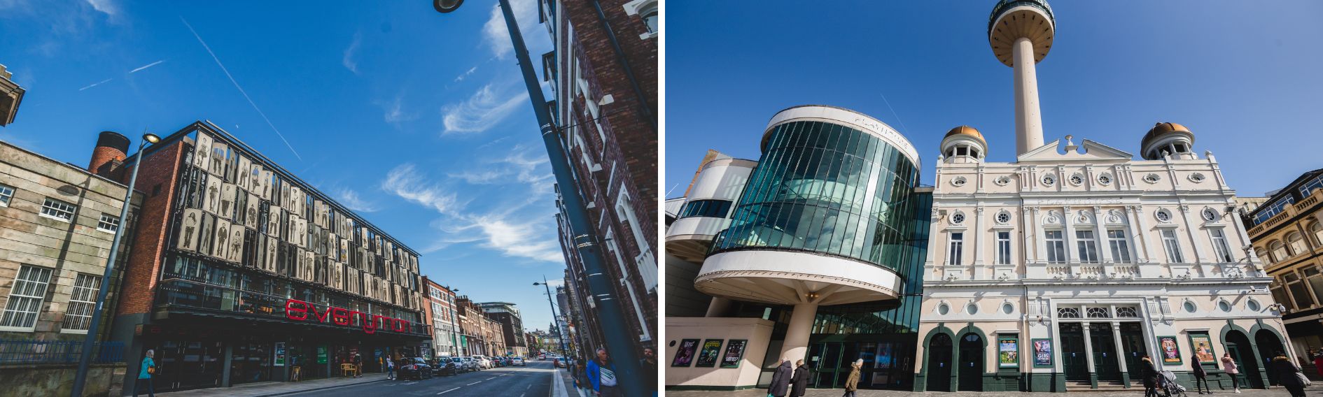 on the left, the Everyman theatre on a sunny day. On the right, the Playhouse theatre on a sunny day. Both photographs have blue sky.